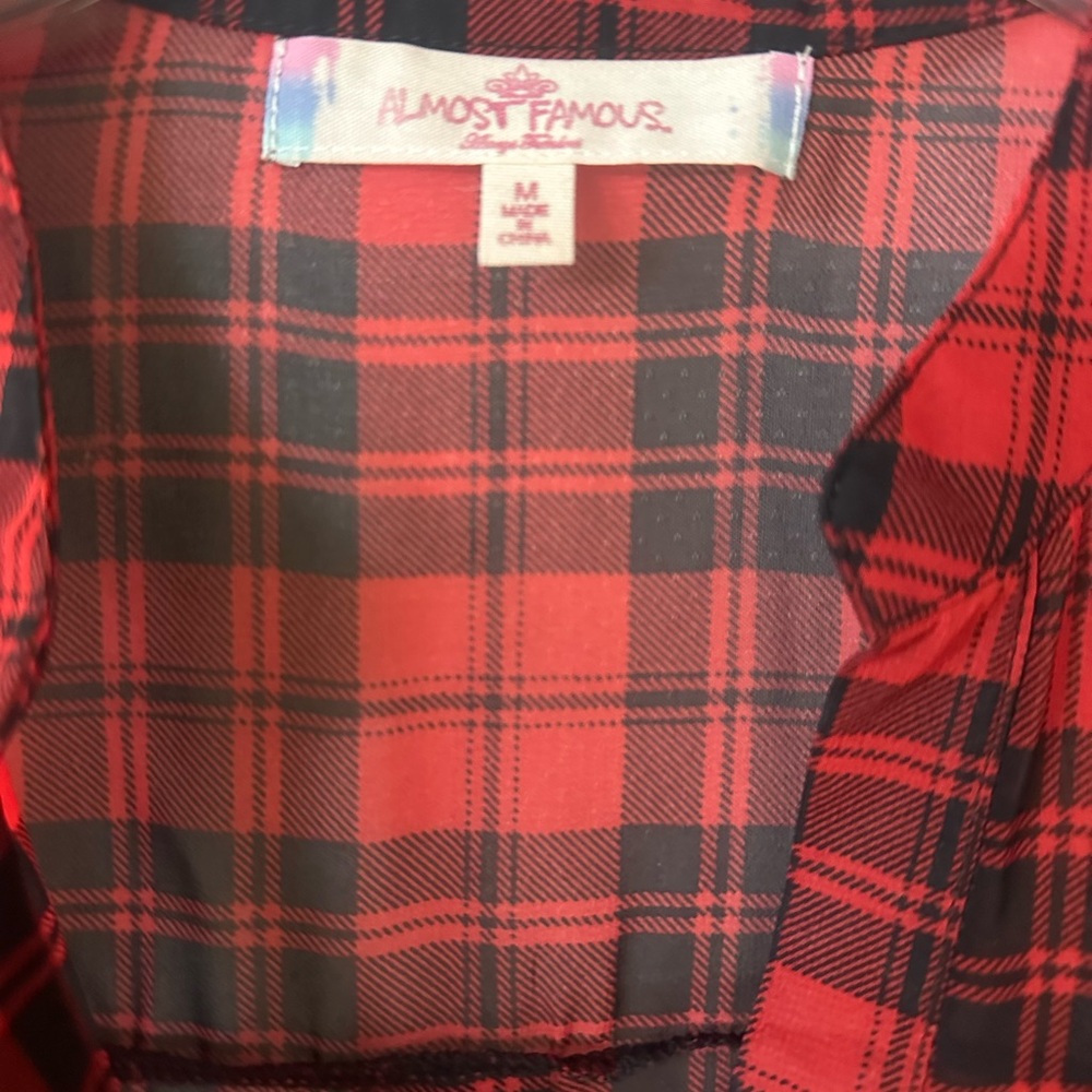 Hi/Lo Sheer Black and Red Plaid, Long Sleeve or 3/4 Button Sleeves Blouse - Picture 4 of 6